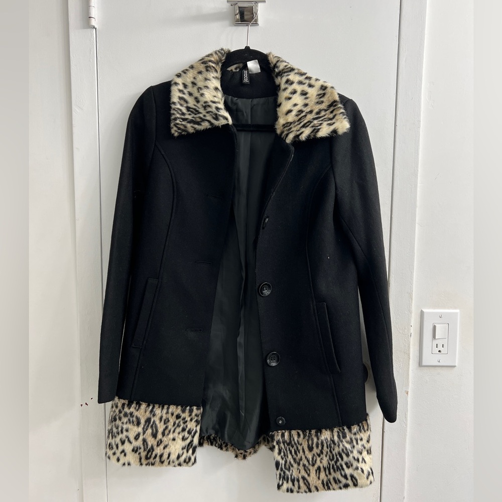 H&M Black  Coat with Leopard Print Accents